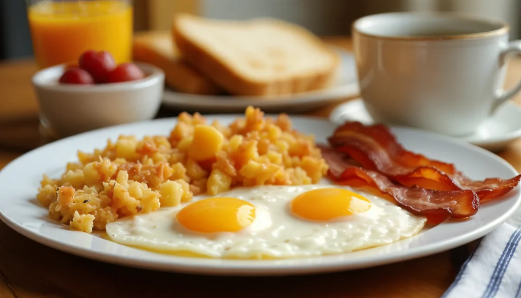 Classic breakfast plate with eggs, bacon, toast, and hash browns