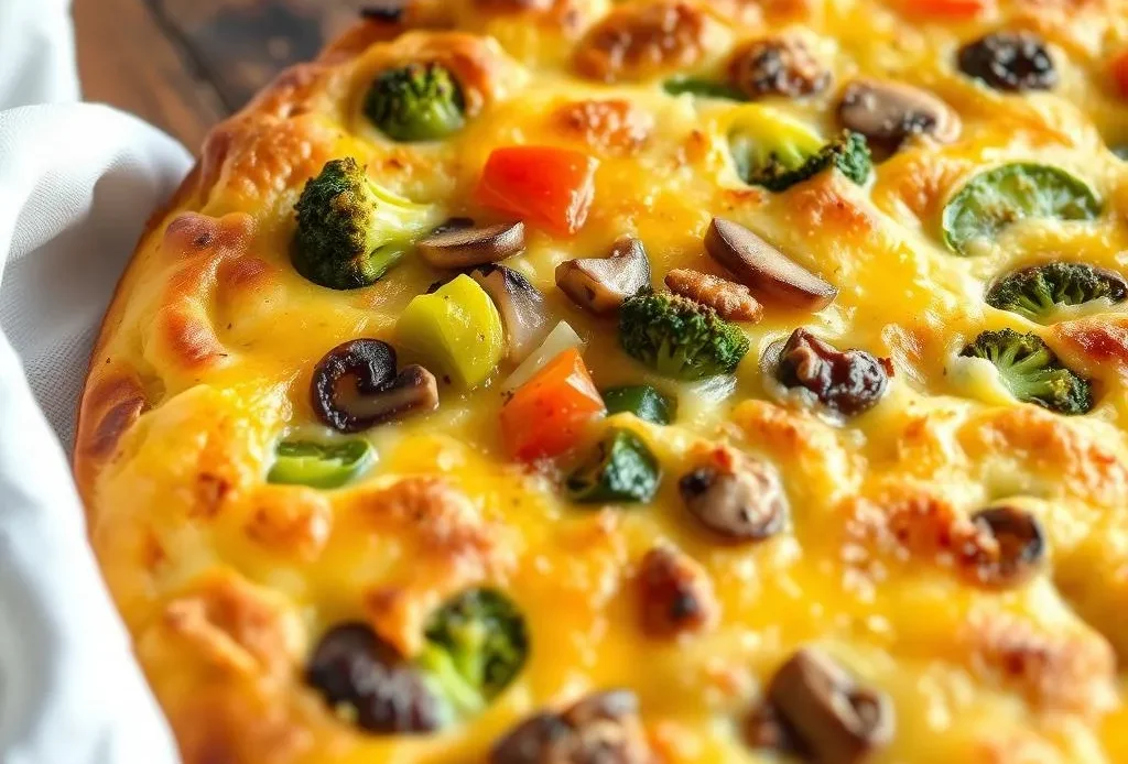 golden baked vegetable frittata with various colorful vegetables.