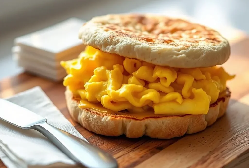 a delicious scrambled egg sandwich on toasted bread with melted cheese.