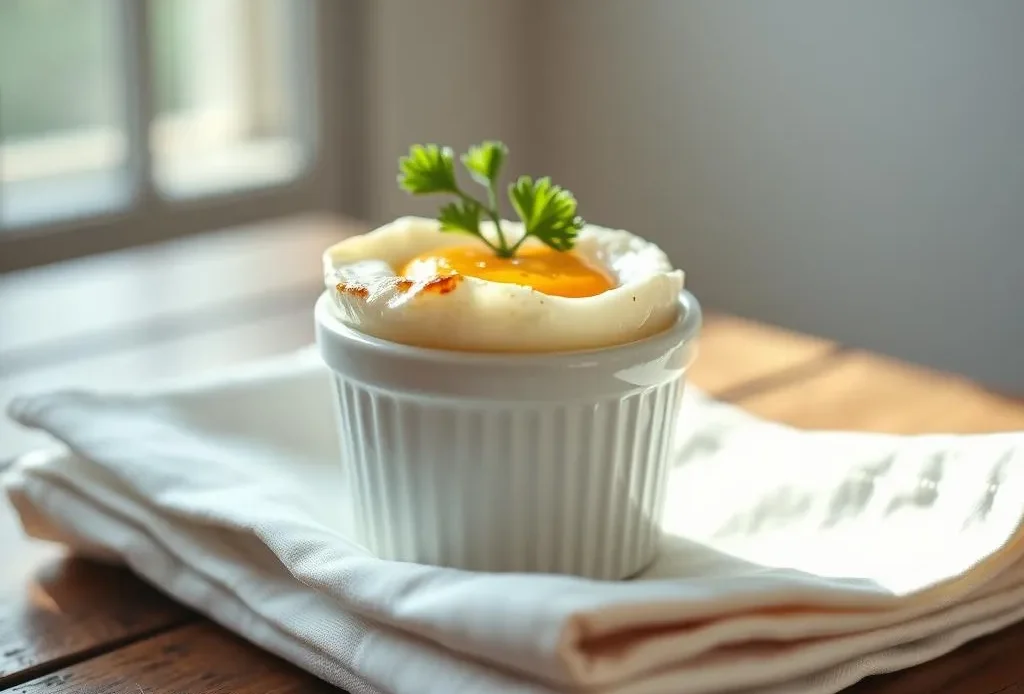 two perfectly cooked shirred eggs without cream in a white ramekin.