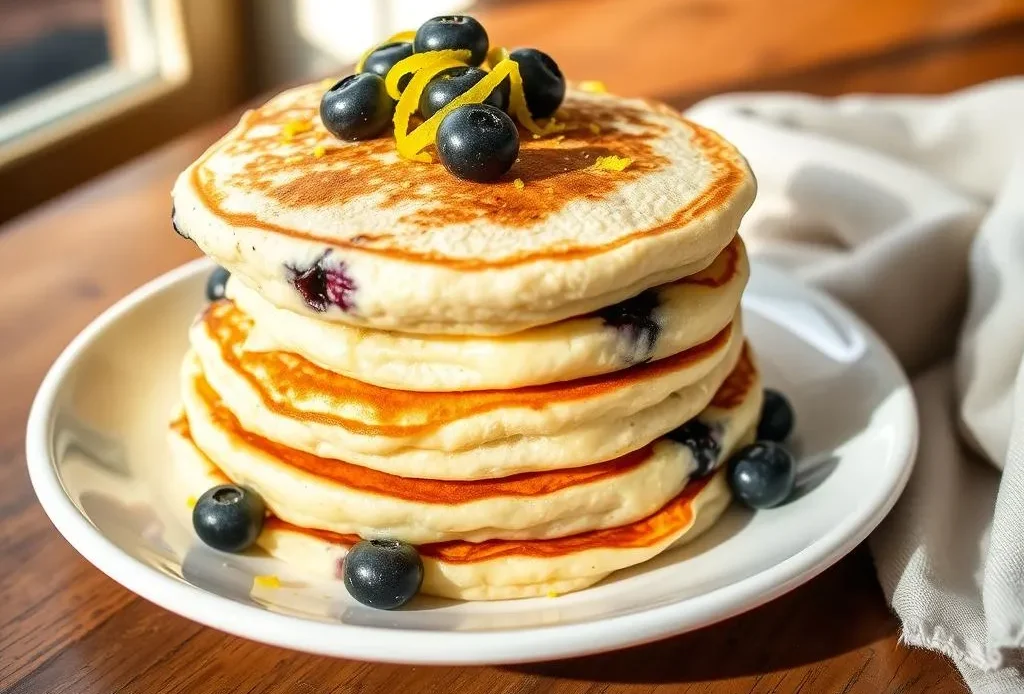 stack of fluffy lemon blueberry ricotta pancakes on a plate.