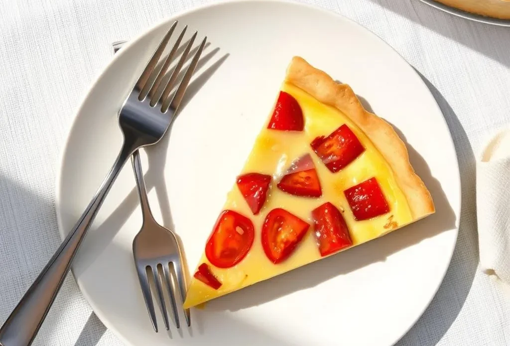 a baked tomato crustless quiche in a pie dish.