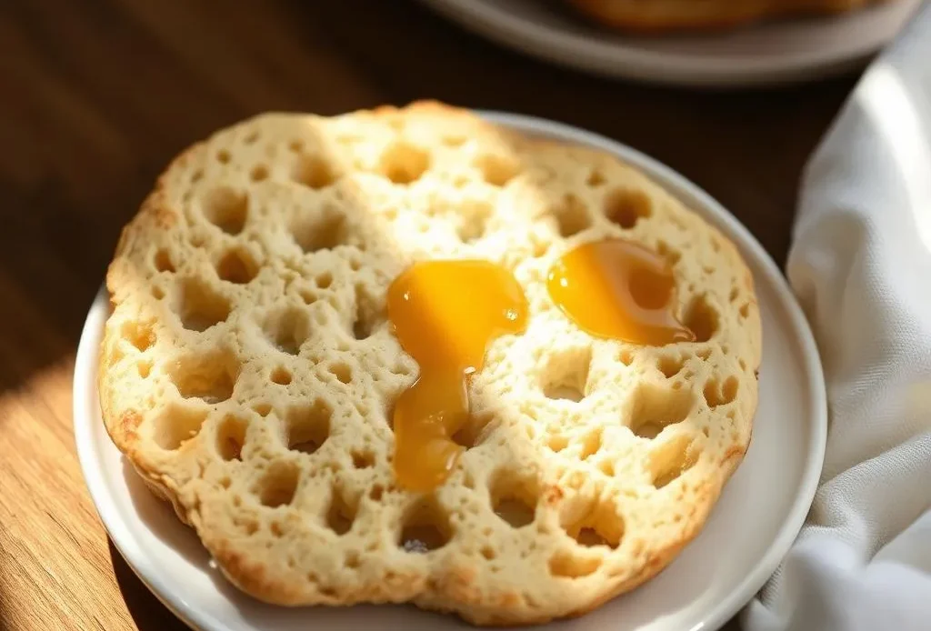 delicious sourdough crumpets with butter and toppings.