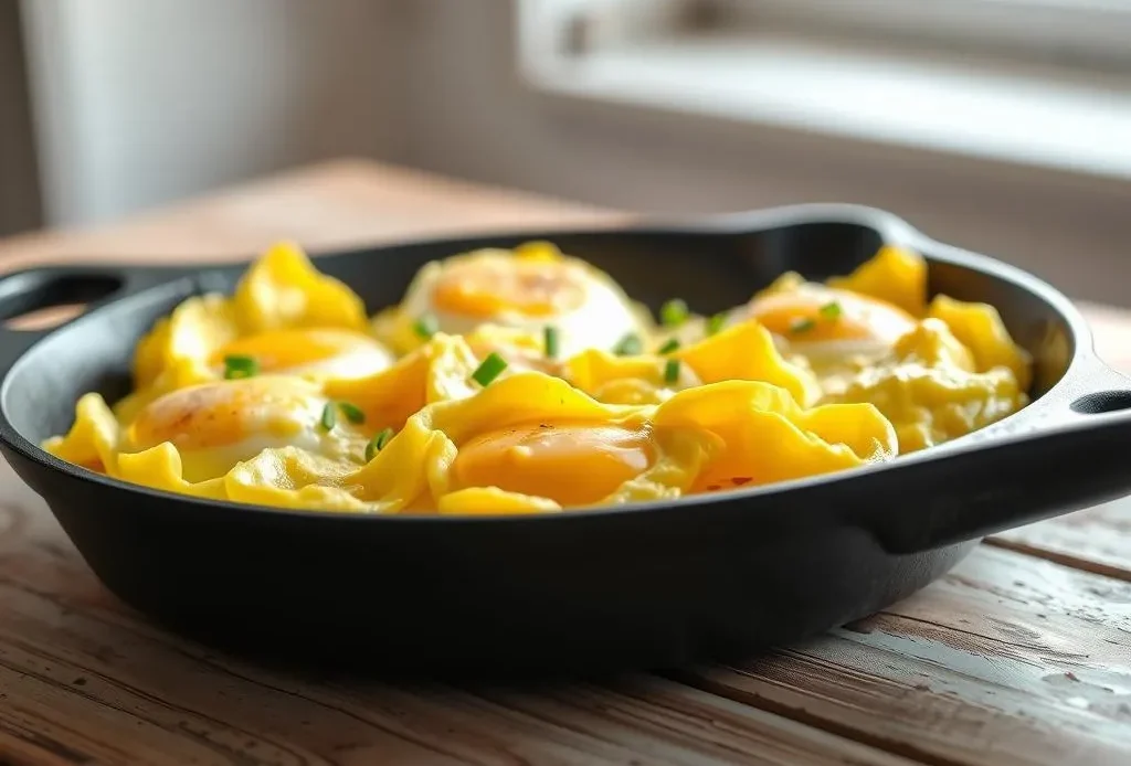 a fluffy baked scrambled eggs dish in a cast iron skillet, garnished with fresh chives.