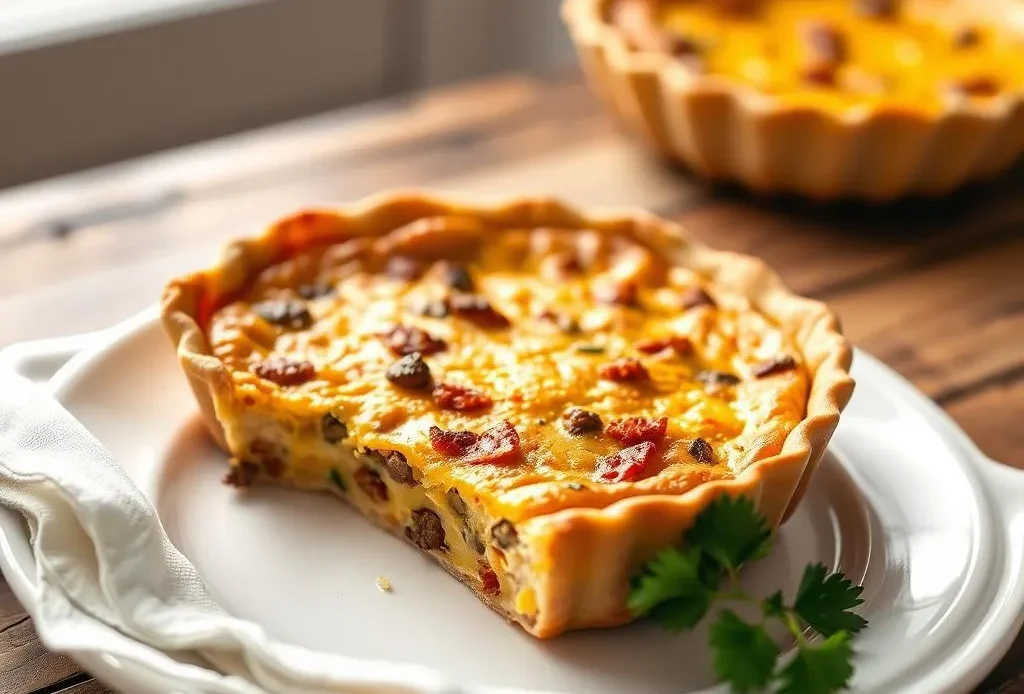 a golden brown crustless sausage quiche fresh from the oven.