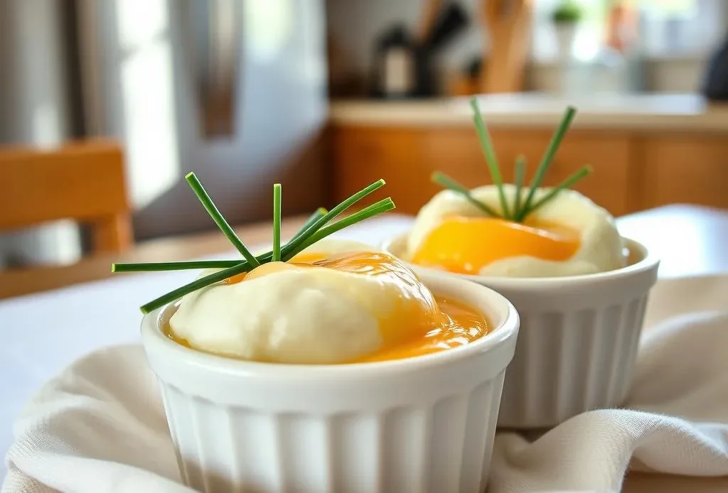 close-up of two perfectly cooked shirred eggs in ramekins, showcasing their fluffy texture and golden yolks.