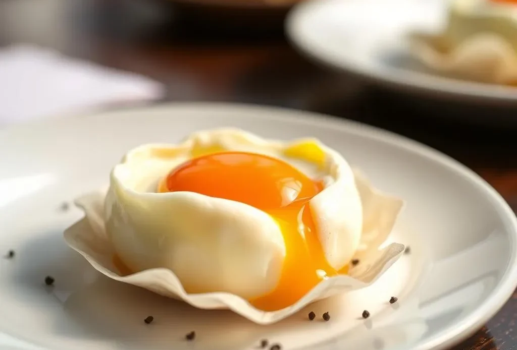 perfectly poached egg plant with runny yolk in a pan.