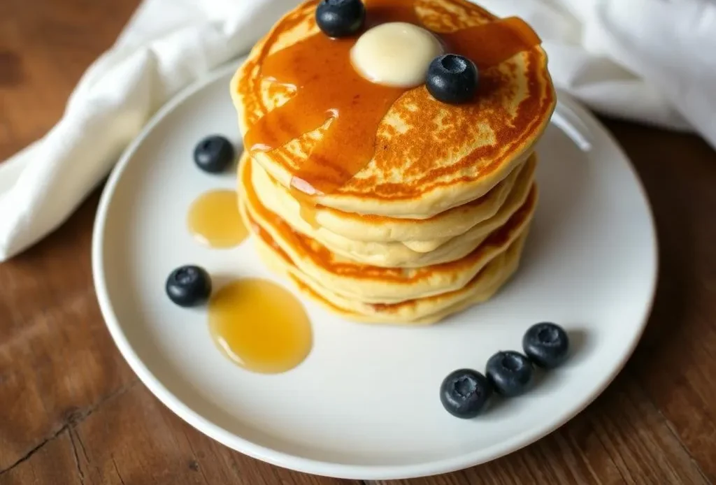 stack of fluffy orange ricotta pancakes with fresh orange slices.