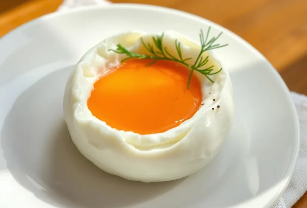 close-up of perfectly poached eggs in an egg poacher