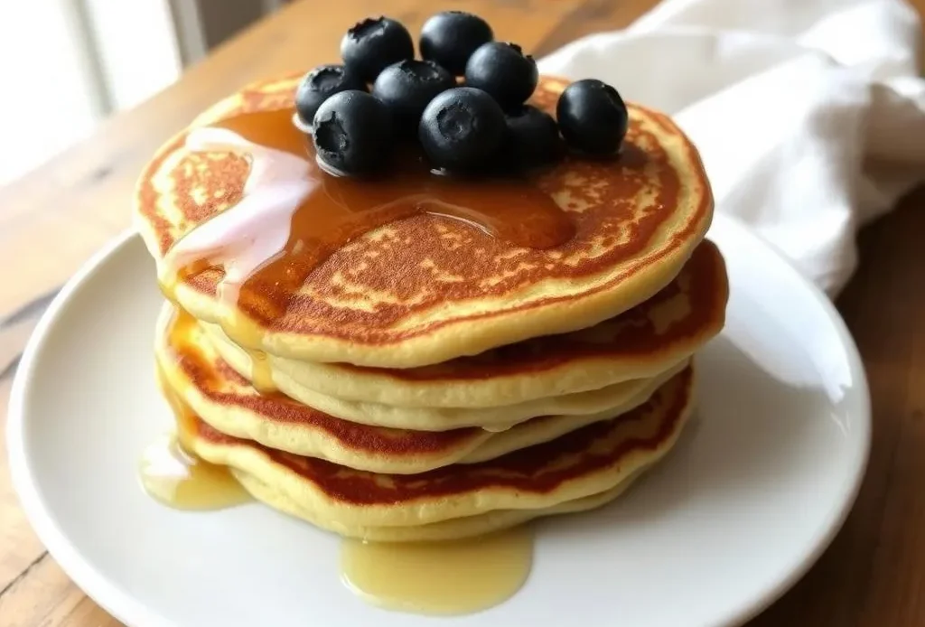 stack of fluffy ricotta protein pancakes topped with fresh berries and a drizzle of honey