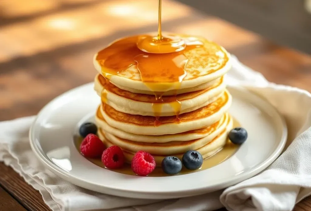 stack of fluffy bisquick lemon ricotta pancakes with fresh berries and syrup