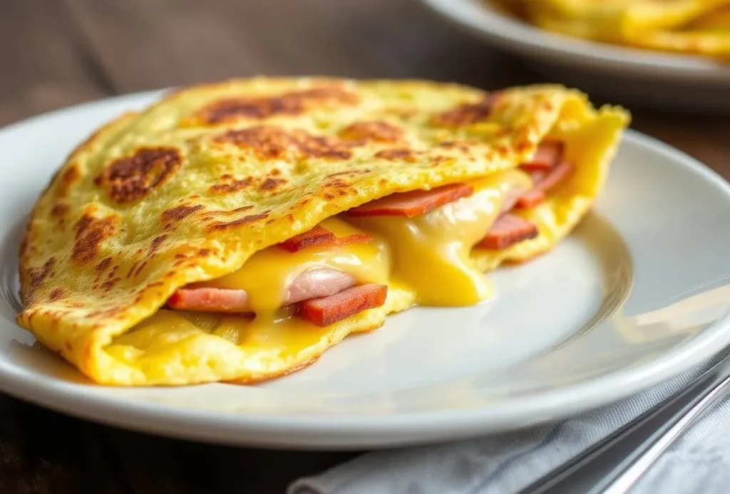 delicious ham and cheese omelette on a plate.